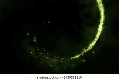 Design element in the form of flying green or emerald comets, wind, dust. Evocation of ecology, purity, nature. Pleasant air, perfume, aroma, floral dust. Vector illustration.	
