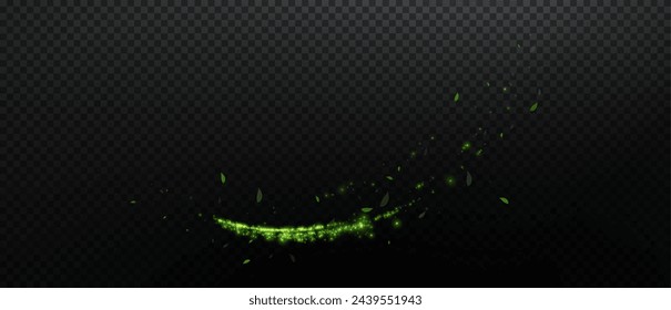 Design element in the form of flying green or emerald comets, wind, dust. Evocation of ecology, purity, nature. Pleasant air, perfume, aroma, floral dust. Vector illustration.	
