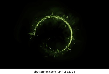 Design element in the form of flying green or emerald comets, wind, dust. Evocation of ecology, purity, nature. Pleasant air, perfume, aroma, floral dust. Vector illustration.	
