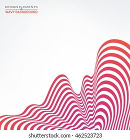 A design element in the form of red and white waving lines in perspective. Background optical illusion. Fluttering 3d wavy line. Packaging Design, cards, banners, posters.