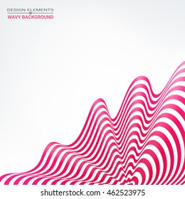 A design element in the form of red and white waving lines in perspective. Background optical illusion. Fluttering 3d wavy line. Packaging Design, cards, banners, posters.