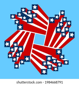 Elemento de diseño para eventos de vacaciones del 4 de julio. Cajas voladoras con estrellas de 3 colores de rojo, blanco, azul, aisladas sobre fondo azul claro. Diseño de vectores en EPS8.
