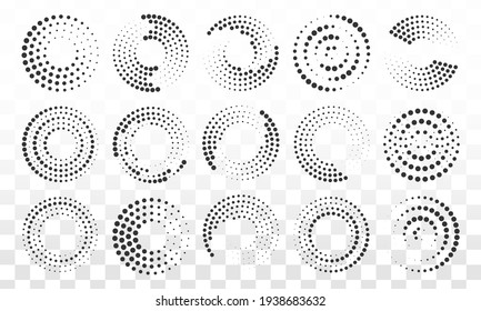 Design element for frame, logo, tattoo, web pages, prints, posters, template, background. Radial speed Lines in circle form for comic books. Set of black thick halftone dotted speed lines. Vector.