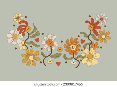 Design element with funny dancing daisy flowers for groovy party, birthday invitation, flyer, retro poster. Groovy vibes. Vector illustration.