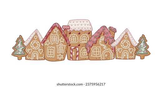 Design element with gingerbread houses on white background. Vector illustration.