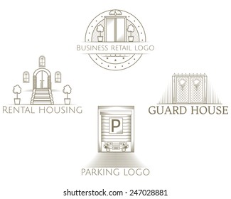 Design element with gray vintage elevator, front doors, iron gates and parking shutter gates line style logotypes vector collection with sample text for some business center on white background. Logo/