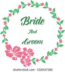 Design element for greeting card bride and groom, with ornament of pink flower frame. Vector