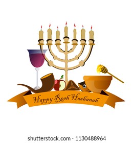 Design element for a greeting card on Rosh Hashanah, a Jewish new year, with occasional meals, vector illustration