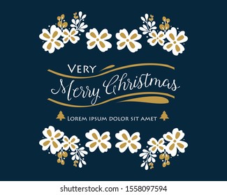 Design element for greeting card of very merry christmas, with artwork of white flower frame. Vector