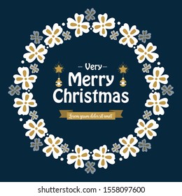 Design element for greeting card of very merry christmas, with artwork of white flower frame. Vector