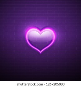 Design element for Happy Valentine's Day. Vector realistic neon sign of heart for decoration and covering on the brick wall background.