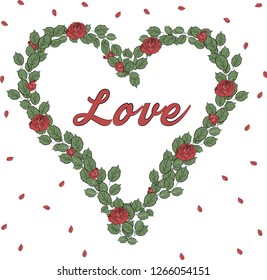 the design element is a heart of roses on a white background. Can be used in the theme of Valentine's day, wedding, international women's day, birthday greetings