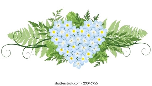 design element with heart shape made from forget-me-nots and leafs