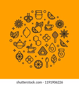 Design element of honey, bee, honeycomb, cup of tea, kettle, lemon, mint, camomile. Icons outline set, icons of honey symbols. Honey market badge. Beekeeping. Vector illustration, eps 10. 