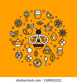 Design element with honeybee, honey, honeycomb, cup of tea, kettle, lemon, mint, camomile. Icons outline set, yellow background. Honey market badge. Beekeeping. Vector illustration, eps 10.