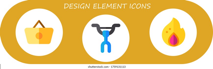 design element icon set. 3 flat design element icons.  Simple modern icons such as: shopping basket, handlebar, burn