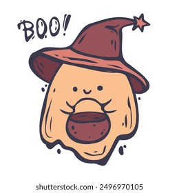 Design element and illustration. Halloween, holiday, spooky. Doodle cartoon style. Vector. A festive ghost is waiting for candy