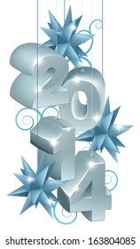 Design element illustration of silver New Year or Christmas 2014 Decorations or tree ornaments with star shaped baubles and scroll shaped pattern 