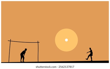 Design element illustration of sunset. Silhouette illustration of young people playing soccer at sunset, using the sun as if it were the ball.