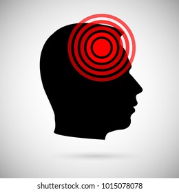 Design element. Isolated icon vector red ring pain. Pain circle on male head. Symbol throbbing pain. Vector illustration EPS10 for medical presentation. Transparent white background for pharmaceptical