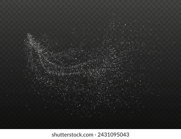Design element for kitchen, bakery, advertising, video. Powder sugar explosion or splash png, falling flour, salt powder falling gently. Top view 3d effect	