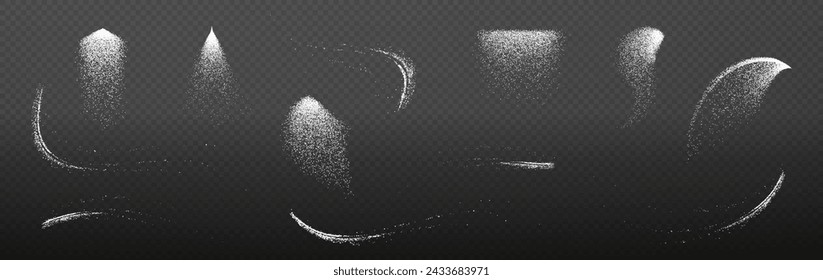 Design element for kitchen, bakery, advertising, video. Powder sugar explosion or splash png, falling flour, salt powder falling gently. Top view 3d effect	

