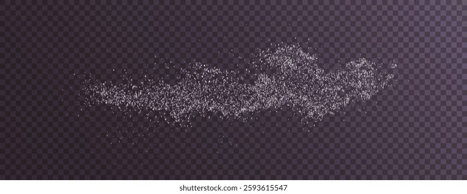 Design element for kitchen, bakery, advertising, video. Powder sugar explosion or splash png, falling flour, salt powder falling gently. Top view 3d effect	