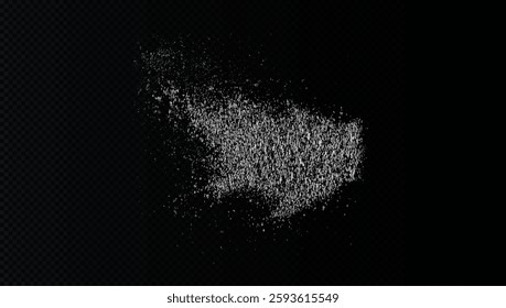 Design element for kitchen, bakery, advertising, video. Powder sugar explosion or splash png, falling flour, salt powder falling gently. Top view 3d effect	