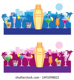 The design element is a liquor bar on an isolated background of the city and palm trees. Vector image. eps 10