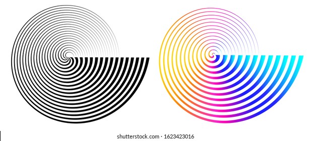 Design element many streak. Isolated bold vector colors & black ring from thin to thick. Radar circle. Symbol monitor airplane . Vector illustration EPS 10 for your tech presentation flyer layout