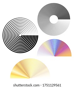 Design element many streak. Isolated bold vector colors & black ring from thin to thick. Radar circle. Symbol monitor airplane . Vector illustration EPS 10 for your tech presentation flyer layout
