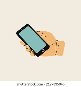 Design element in modern style flat, line style. Vector illustration, phone in human hand, hand hold smartphone. Isolated on white background. Fashion patch, badge, emblem.