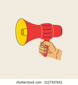 Design element in modern style flat, line style. Vector illustration, red mouthpiece in human hand, hand hold speaker, megaphone, loudspeaker. Isolated on background. Fashion patch, badge, emblem.