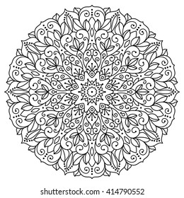 Design element, outline, mandala, abstract. Ornament in a circle, black and white illustration.