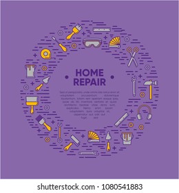 Design element of outline working tools for construction, building and home repair icons. Vector illustration. Hand work tools collection.