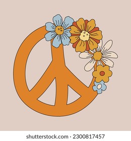 Design element with peace symbol and daisy flowers for poster, banner, party invitation. Groovy vibes. Vector illustration isolated on background.