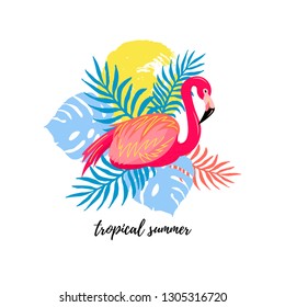 Design element with pink flamingo, exotic leaves and sun. Tropical summer. Vector illustration for party, invitation, flyer, poster, banner, web.