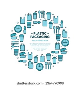 Design element of Plastic packaging icons outline set, icons of bottle, bag, plate,container, cup. Outline icons with editable stroke. Vector illustration, Copy text space.