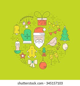 Design element for postcard, invitation or banner with different Christmas symbols made in line style vector. Santa Claus, Christmas tree, Christmas decorations and other holiday and winter symbols.