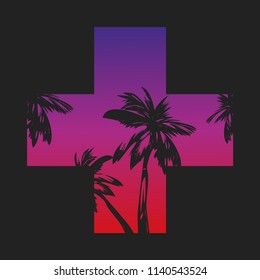 design element for printing on t-shirts, modern style, vector illustration of palm trees on a tropical sunset background, silhouette of a tree