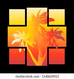 design element for printing on t-shirts, modern style, vector illustration of palm trees on a tropical sunset background, silhouette of a tree