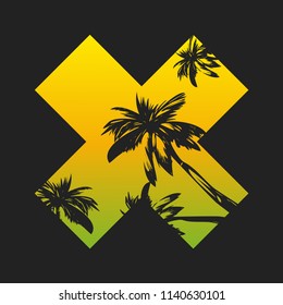design element for printing on t-shirts, modern style, vector illustration of palm trees on a tropical sunset background, silhouette of a tree