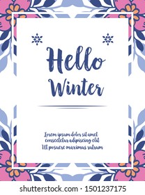Design element of purple flower frame, for greeting card hello winter. Vector