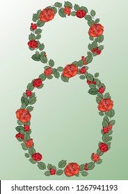 Design element, or a ready greeting card for the international women's day. The figure "8", which indicates the date of March 8, made of two varieties of roses-scarlet and fiery