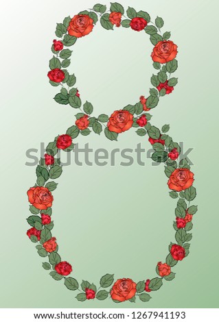 Design element, or a ready greeting card for the international women's day. The figure "8", which indicates the date of March 8, made of two varieties of roses-scarlet and fiery