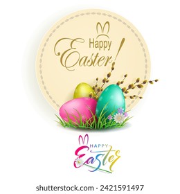 Design element, round frame with Easter eggs, grass and willow branch.