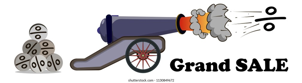 Design element for sale with the image of a shooting cannon. Vector illustration.