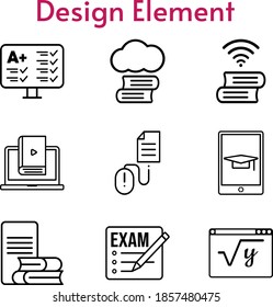 design element set. included cloud library, exam, test, learn, online-learning, maths, student-tablet, book (2), click icons. linear styles.