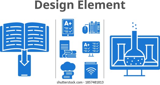 design element set. included cloud library, chemistry, ereader, audiobook, ebook, books, test, online-learning icons. filled styles.
