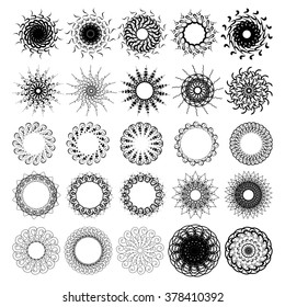 Design element. A set of repeating circles of meandering lines, circular ornament, mandala, snowflake, sun, star. silhouette